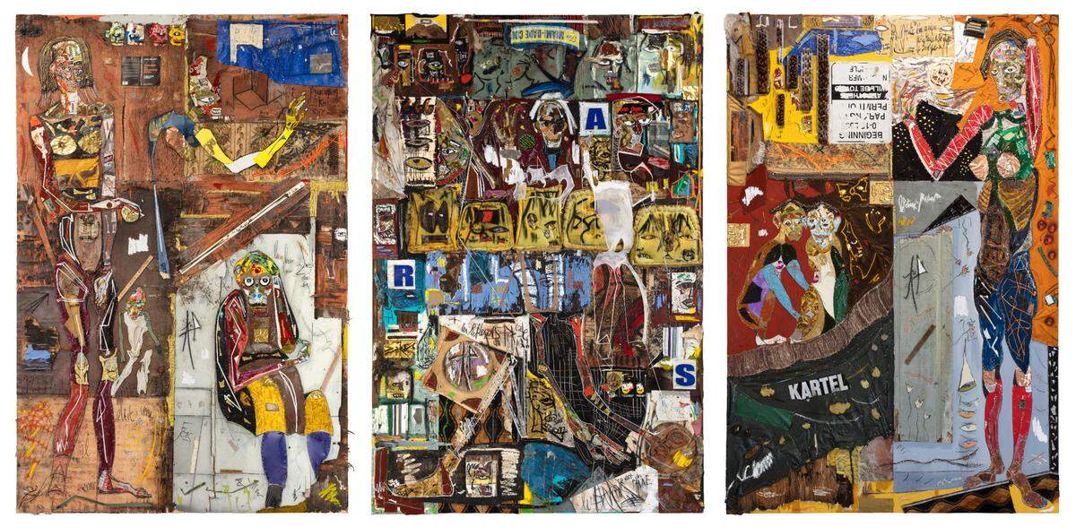‘L’Histoire du Monde – Le Temps et L’Espace’ (The History of the World – Time and Space), 2022, medio mixto sobre madera, tres paneles, cada uno de 144 x 96 x 4 1/2 pulgadas.