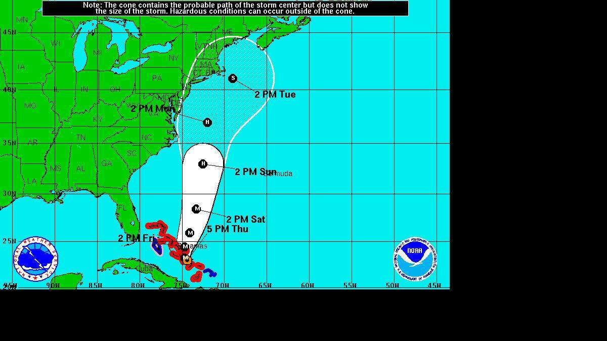 Pronóstico de la trayectoria del huracán Joaquín en los próximos cinco días (5 pm el viernes 1ro octubre).