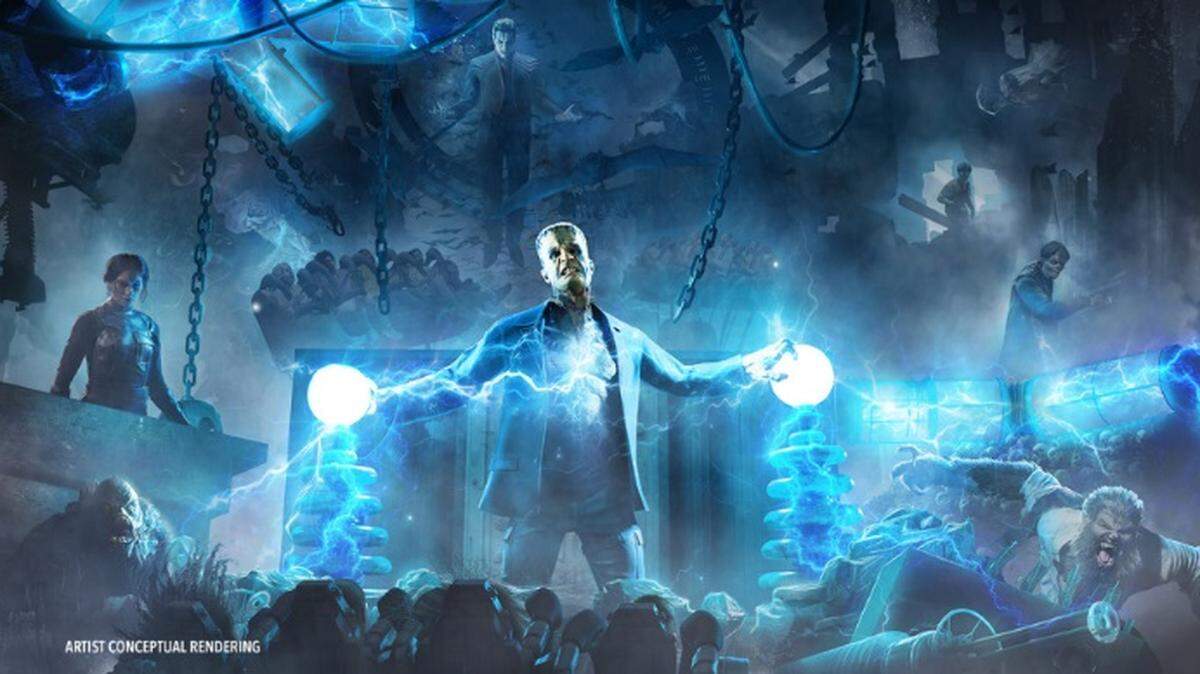 Imagen conceptual renderizada de la nueva atracción de Universal en Orlando, Dark Universe, donde los visitantes encontrarán criaturas como el monstruo de Frankenstein.