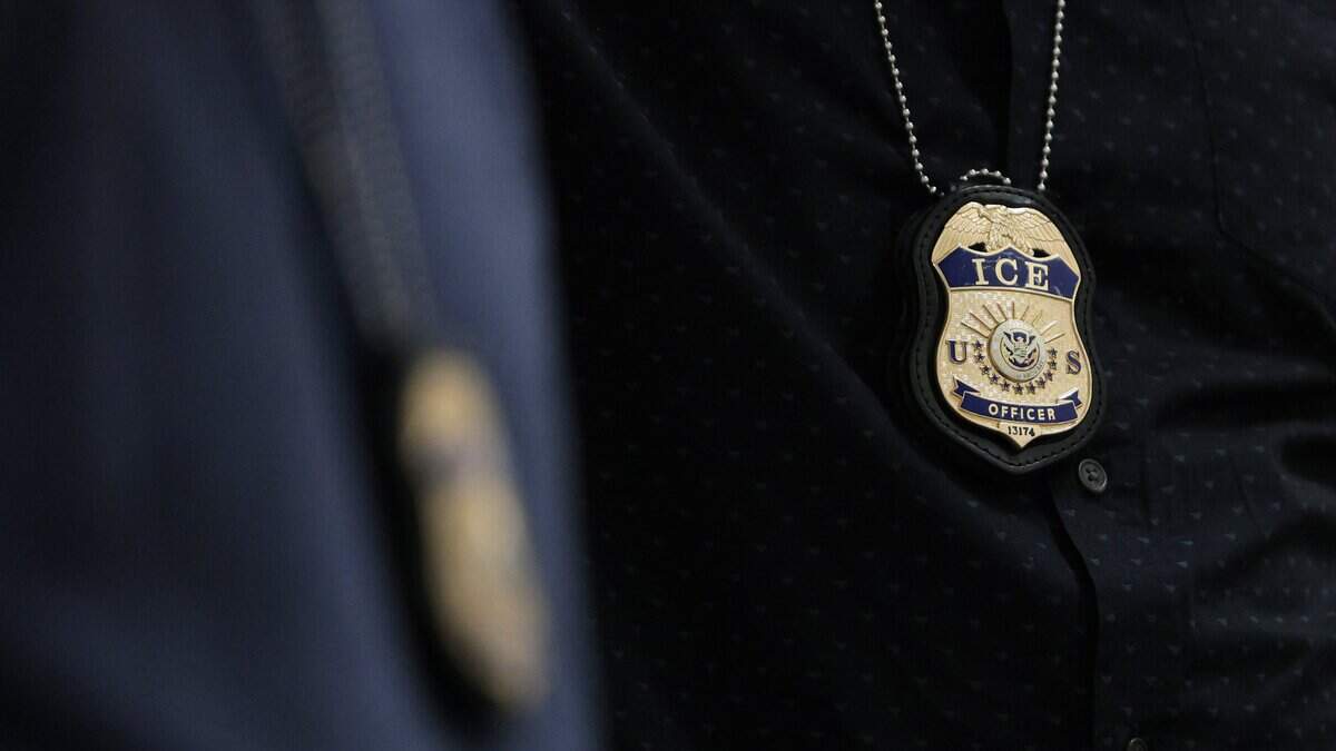 Se observan las placas de agentes del Servicio de Inmigración y Control de Aduanas (ICE) mientras patrullan los pasillos del tribunal de inmigración en el Edificio Federal Ted Weiss, el 12 de mayo de 2026, en la ciudad de Nueva York.