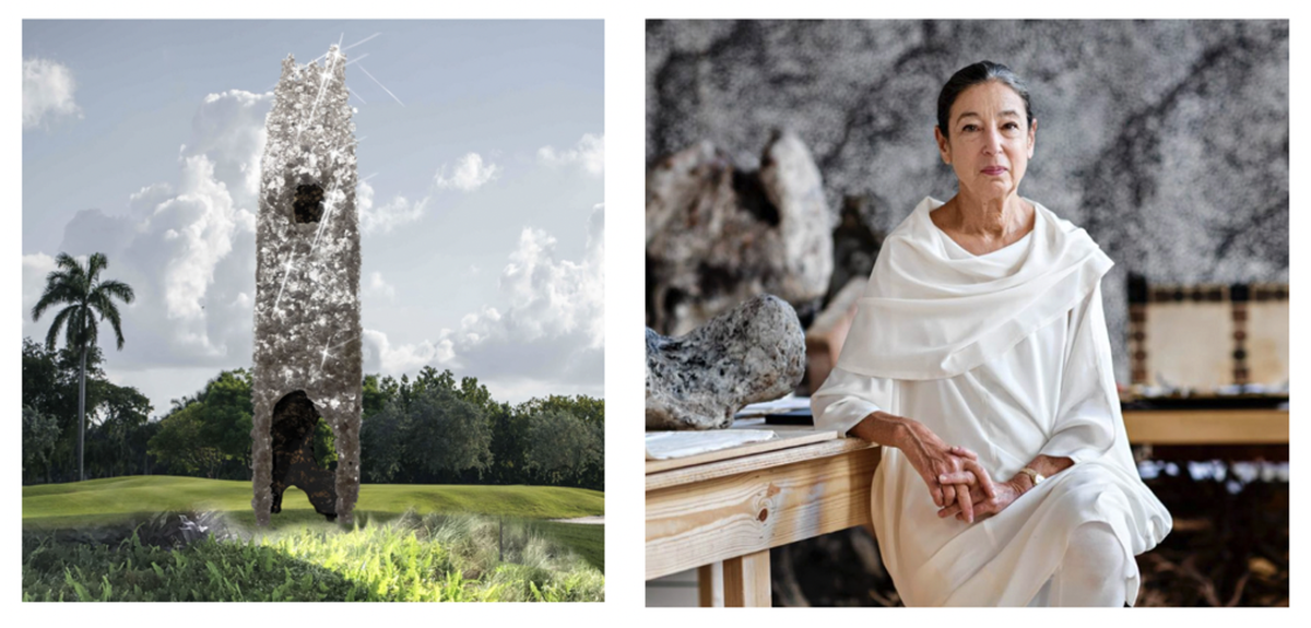 “BirdHouse”, obra para Bayshore Park (render del artista, no imagen final) y retrato de la artista, Michele Oka Doner. 