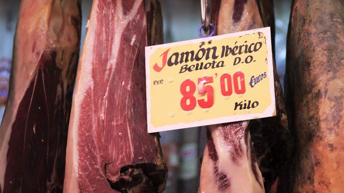 Iberian ham (Jamon Iberico) for sale in a shop