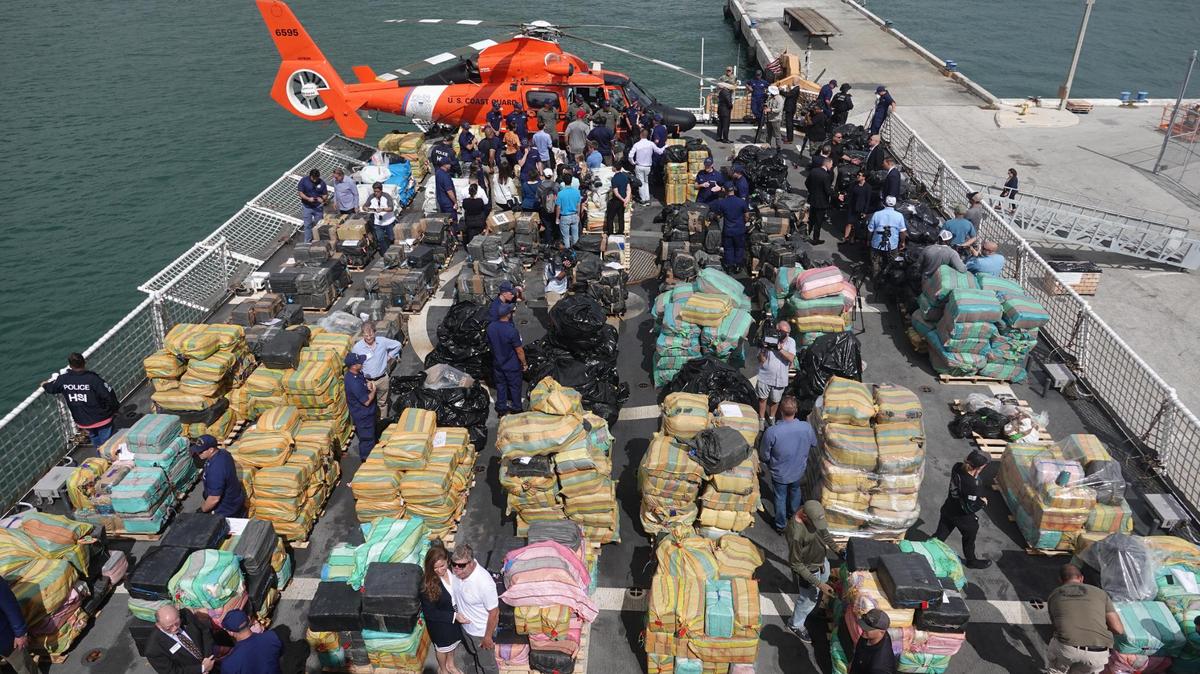 More than a billion dollars’ worth of drugs seized at sea is displayed on the flight deck of the U.S. Coast Guard Cutter James on Thursday, Feb. 17, 2022. The 54,000 pounds of cocaine and 15,800 pounds of marijuana seized in the Pacific and Caribbean were offloaded at Port Everglades.