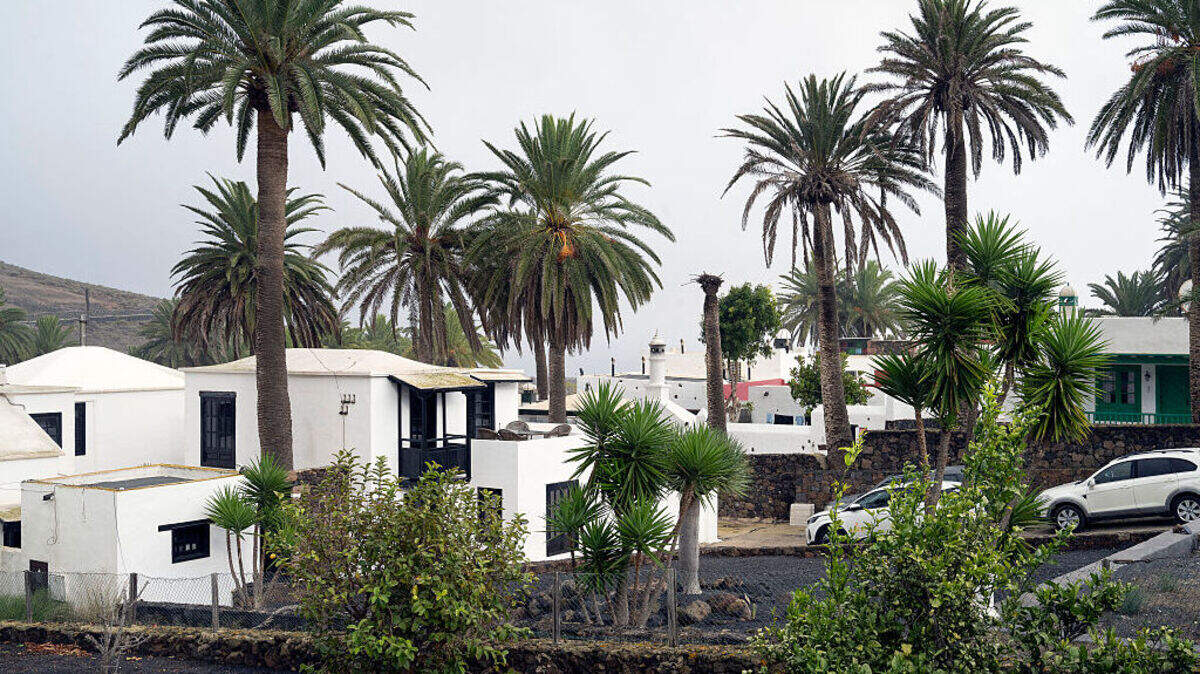 Las palmeras adornan a un pueblo de casas blancas construidas sobre suelo volcánico negro en Haria, en la isla de Lanzarote, en las Islas Canarias, España, el 16 de noviembre de 2025.