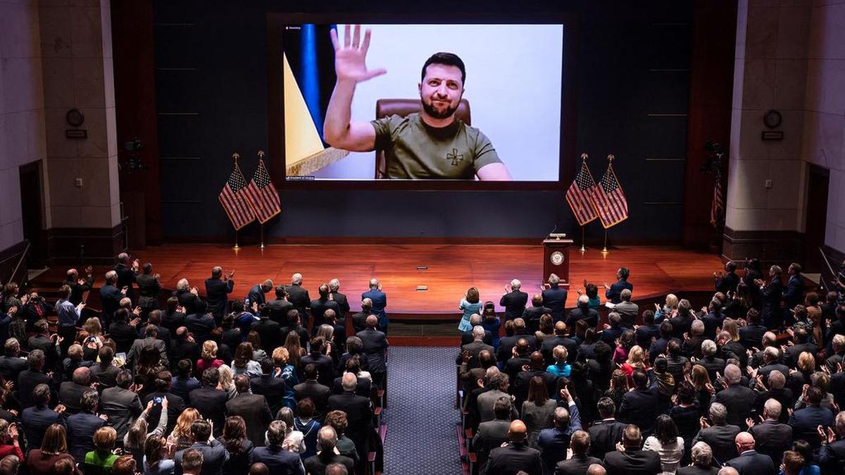 Ukrainian President Volodymyr Zelensky virtually addresses the US Congress on March 16, 2022, at the US Capitol Visitor Center Congressional Auditorium, in Washington, DC. (J. Scott Applewhite/Pool/AFP via Getty Images/TNS)