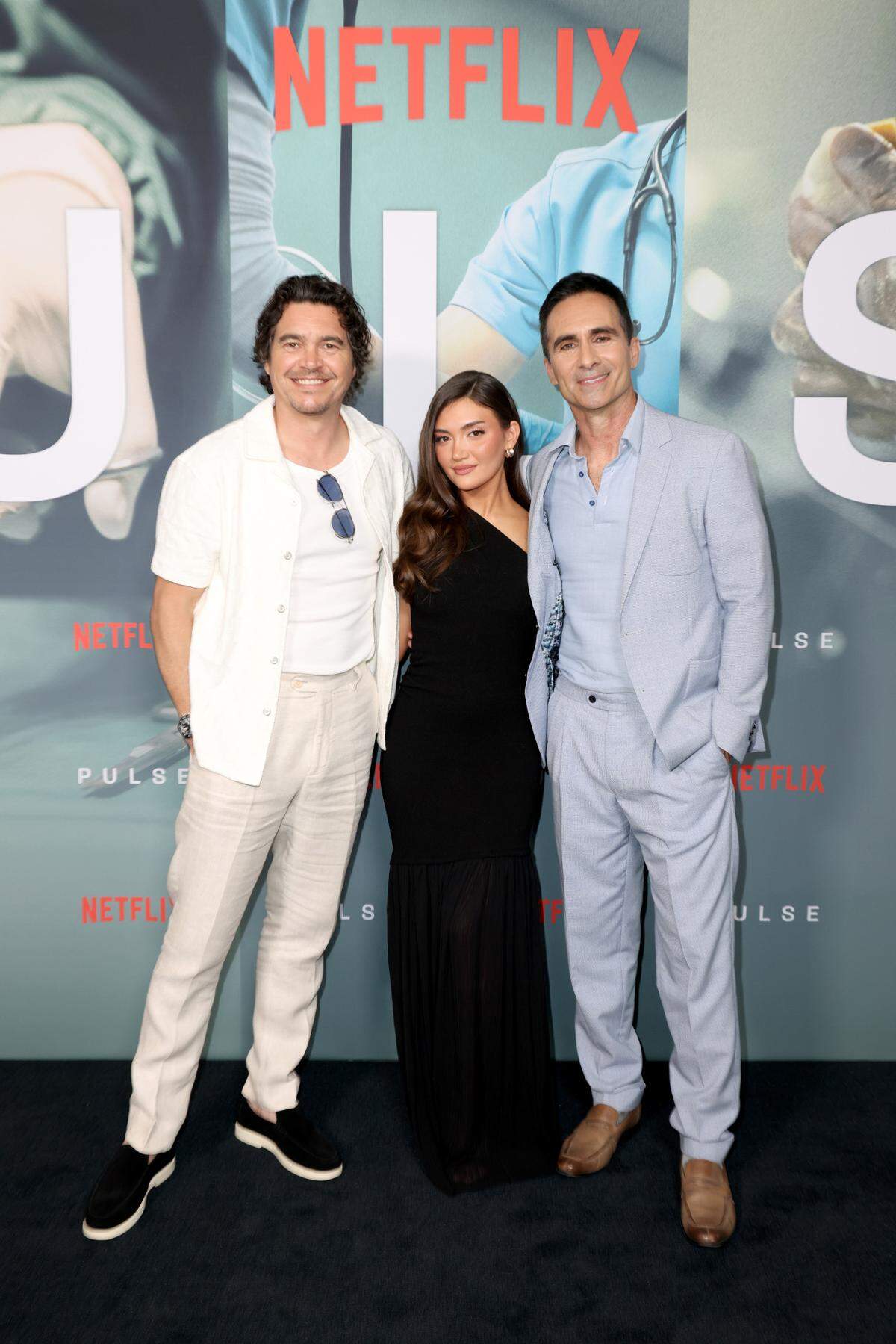 MIAMI, FLORIDA - APRIL 01: (L-R) Arturo Del Puerto, Daniela Nieves, and Néstor Carbonell attend the Miami special screening of Netflix’s “Pulse” at Silverspot Cinema on April 01, 2025 in Miami, Florida. (Photo by Alexander Tamargo/Getty Images for Netflix)