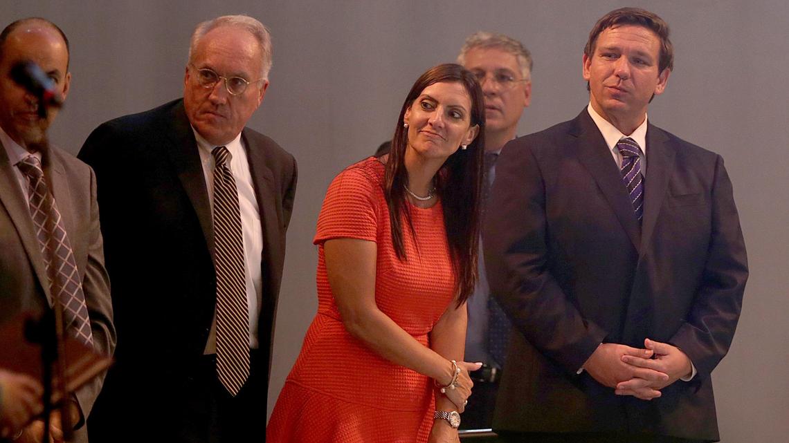 GOP gubernatorial candidate Ron DeSantis (far right) and state Rep. Jeanette Nuñez, his running mate for the Republican ticket in Florida’s 2018 elections, with Guy Lewis, former U.S. Attorney, during a campaign event presented  by the Cuban exiles organization Inspire America Foundation, at Manuel Artime Theater in Little Havana, on Thursday, Sept. 6, 2018.