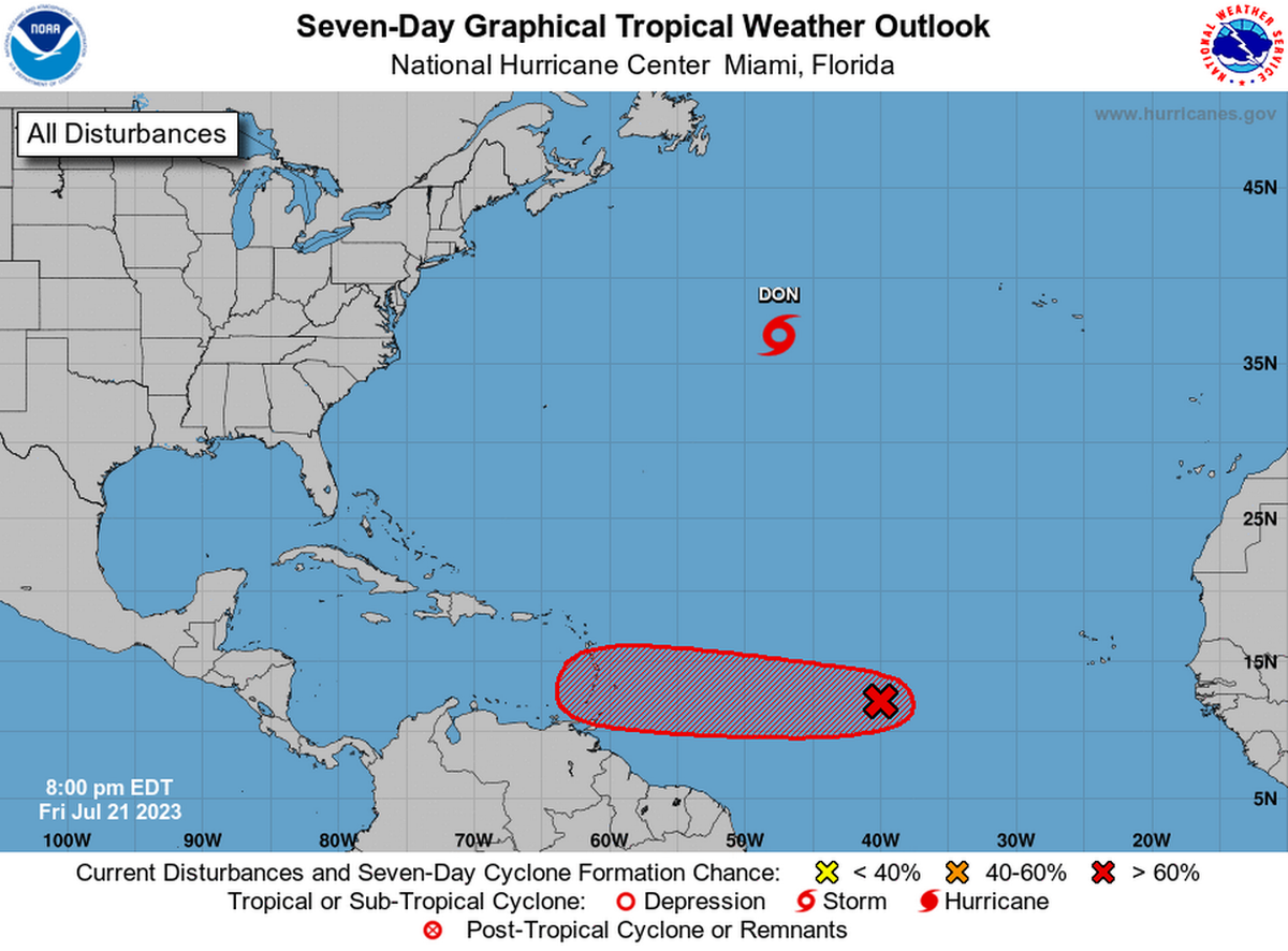 El boletín de las 8 a.m. del sábado, 22 de julio de 2023, vigila de cerca a la tormenta tropical Don y a una perturbación que se dirige hacia las islas del Caribe.