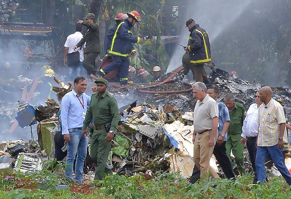 Cuban president Miguel Díaz-Canel at the site of the plane crash. Shortly after departing José Martí International Airport in Havana, a Boeing 737-200 crashed in a suburb of the capital city on May 18.