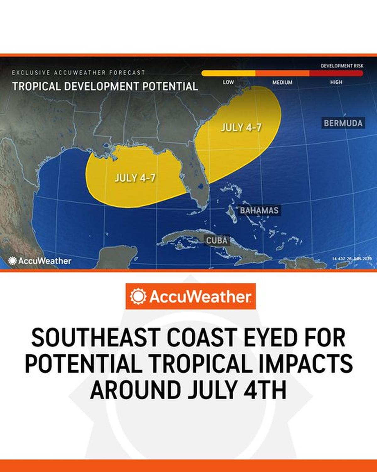 Alex DaSilva, pronosticador principal de huracanes de AccuWeather, explicó que el Golfo y el Atlántico, justo frente a la costa sureste, son zonas típicas de formación a principios de julio.