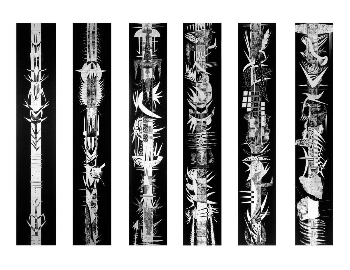 'Black Totem: I, IV, VIII, XII, XIV + XVI’, 1990-1992, Edición de 2, estampado de plata,  54 x 10 pulgadas cada uno.