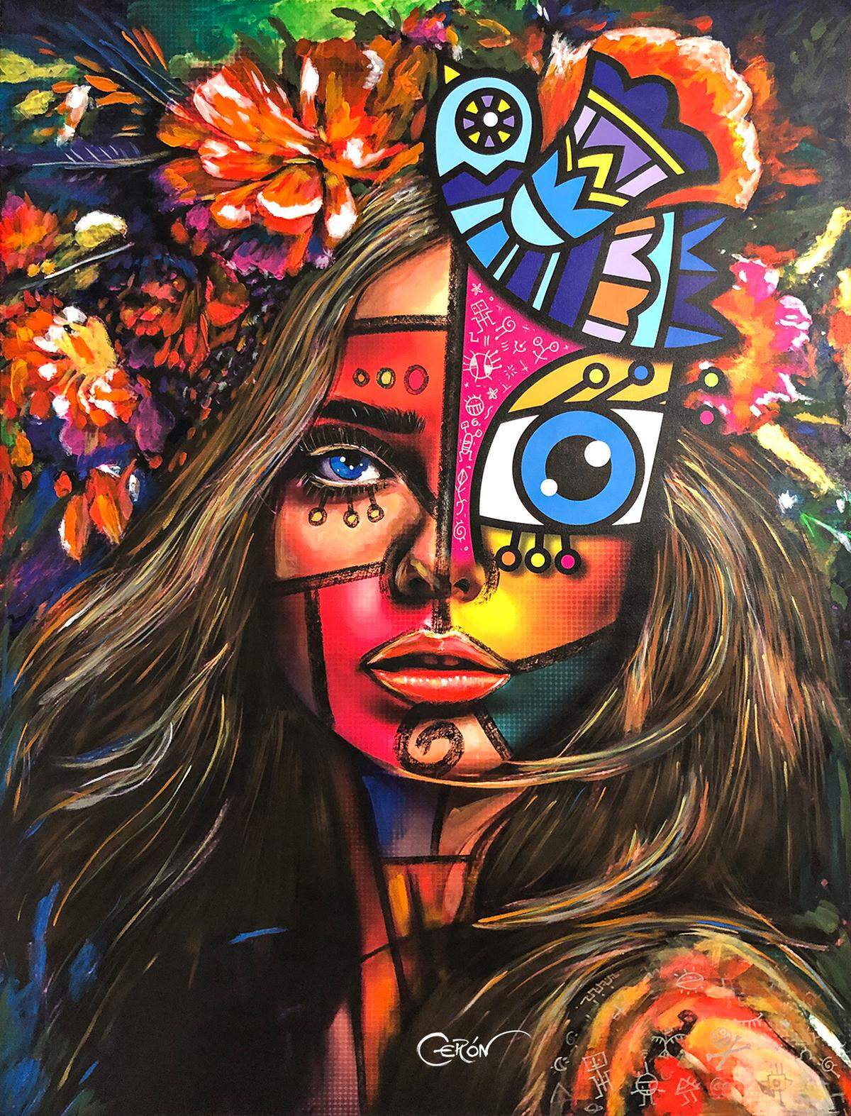 “Chica con Flores” (2023), de Francisco Cerón. Técnica mixta sobre lienzo. 36 x 48 pulgadas. Colour Senses Project, en Allapattah, Miami.