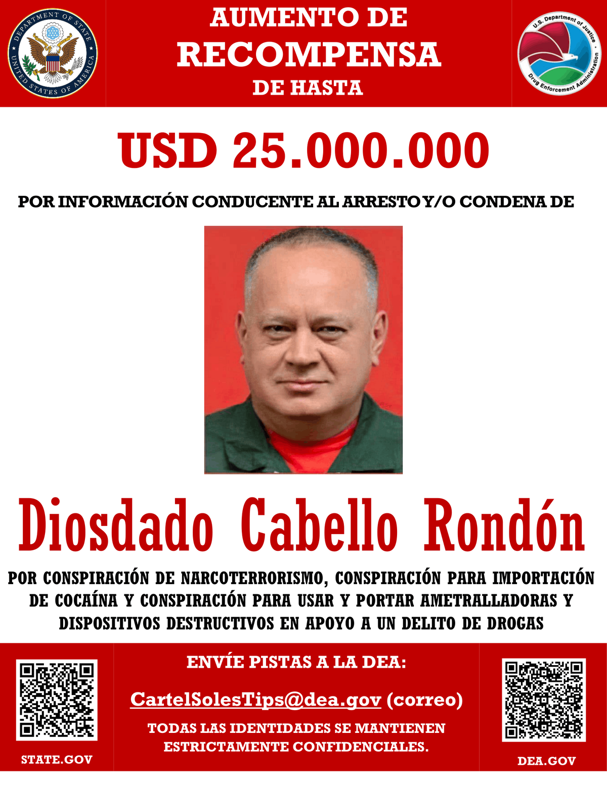 EEUU fijó una recompensa de $25 millones por información que conduzca al arresto o condena de Diosdado Cabello.