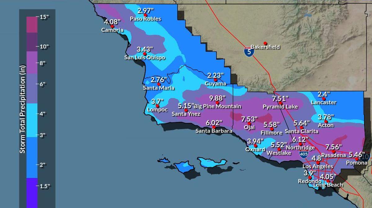 Mapa compartido el domingo 4 de febrero de 2024 por NWS Los Ángeles, que muestra el pronóstico hasta el próximo miércoles de los índices de precipitación en California.