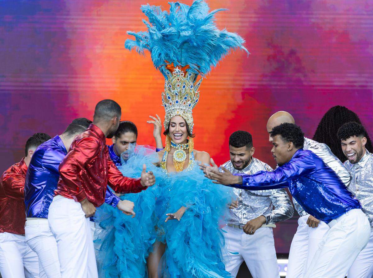 Miss Universe Cuba 2024 Marianela Ancheta dances on stage during the opening ceremony of the Miss Universe Cuba 2025 beauty pageant at Milander Park on Tuesday, July 8, 2025, in Hialeah, Fla.