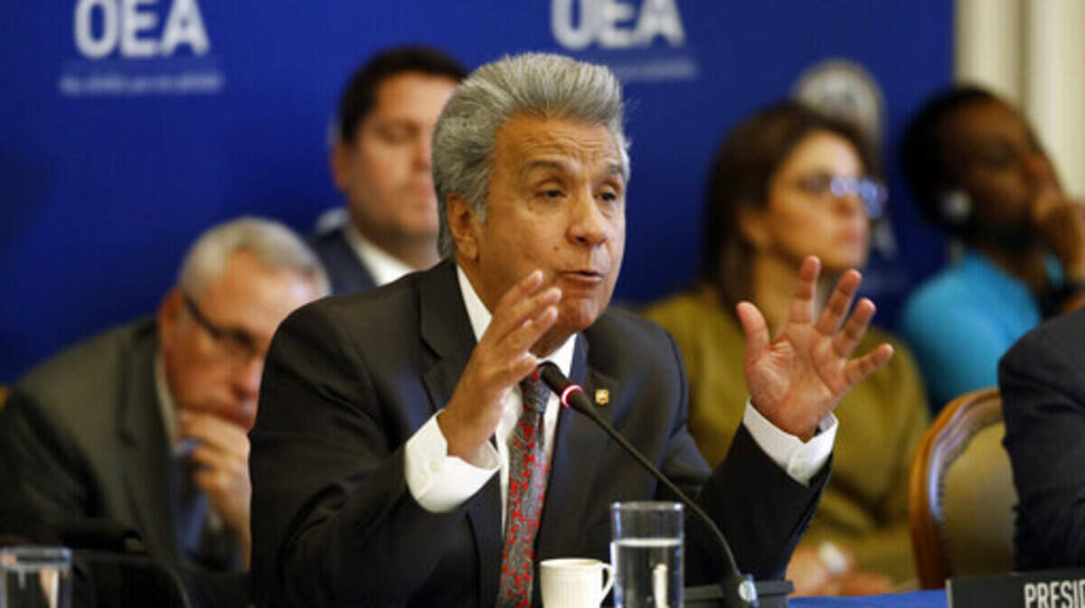El presidente de Ecuador, Lenín Moreno, se dirige al Consejo Permanente de la Organización de Estados Americanos, el miércoles 17 de abril de 2019 en Washington.