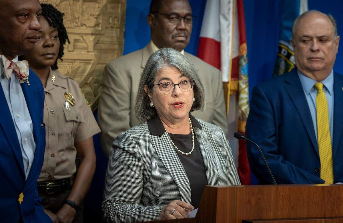Miami, Florida, July 26, 2023 - Miami-Dade County Mayor Daniella Levine Cava, center, provides an update on the condition of Chief of Public Safety Alfredo “Freddy” Ramirez during a press conference at the Stephen P. Clark Government Center in downtown Miami.