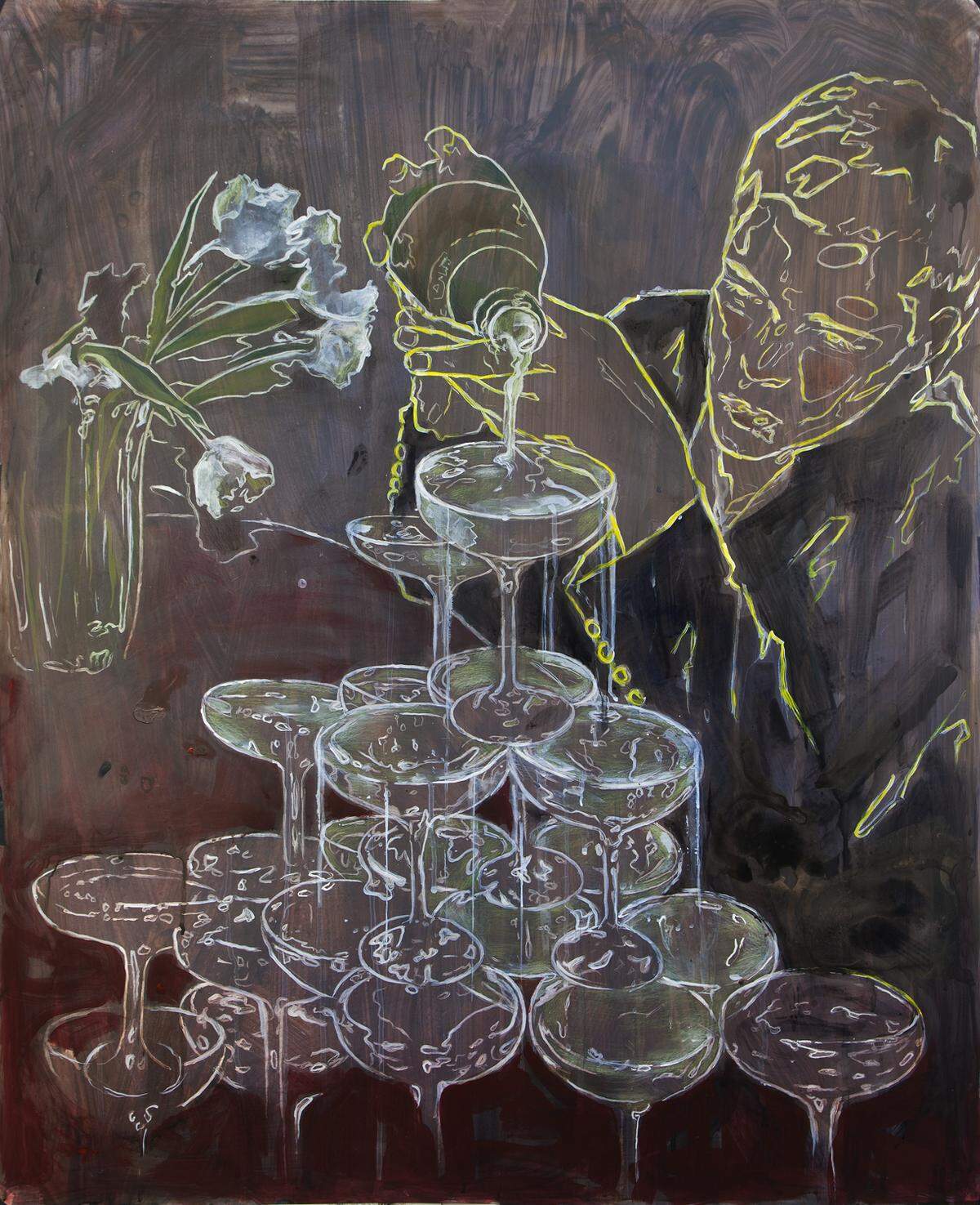 “Champaign Apocalypse”, 2023, grafito y acrílico sobre Mylar, 36 × 30 pulgadas.