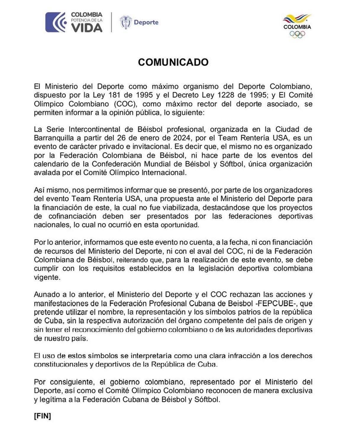 En un comunicado oficial, el Ministerio del Deporte y el Comité Olímpico de Colombia manifestaron su rechazo a la FEPCUBE.