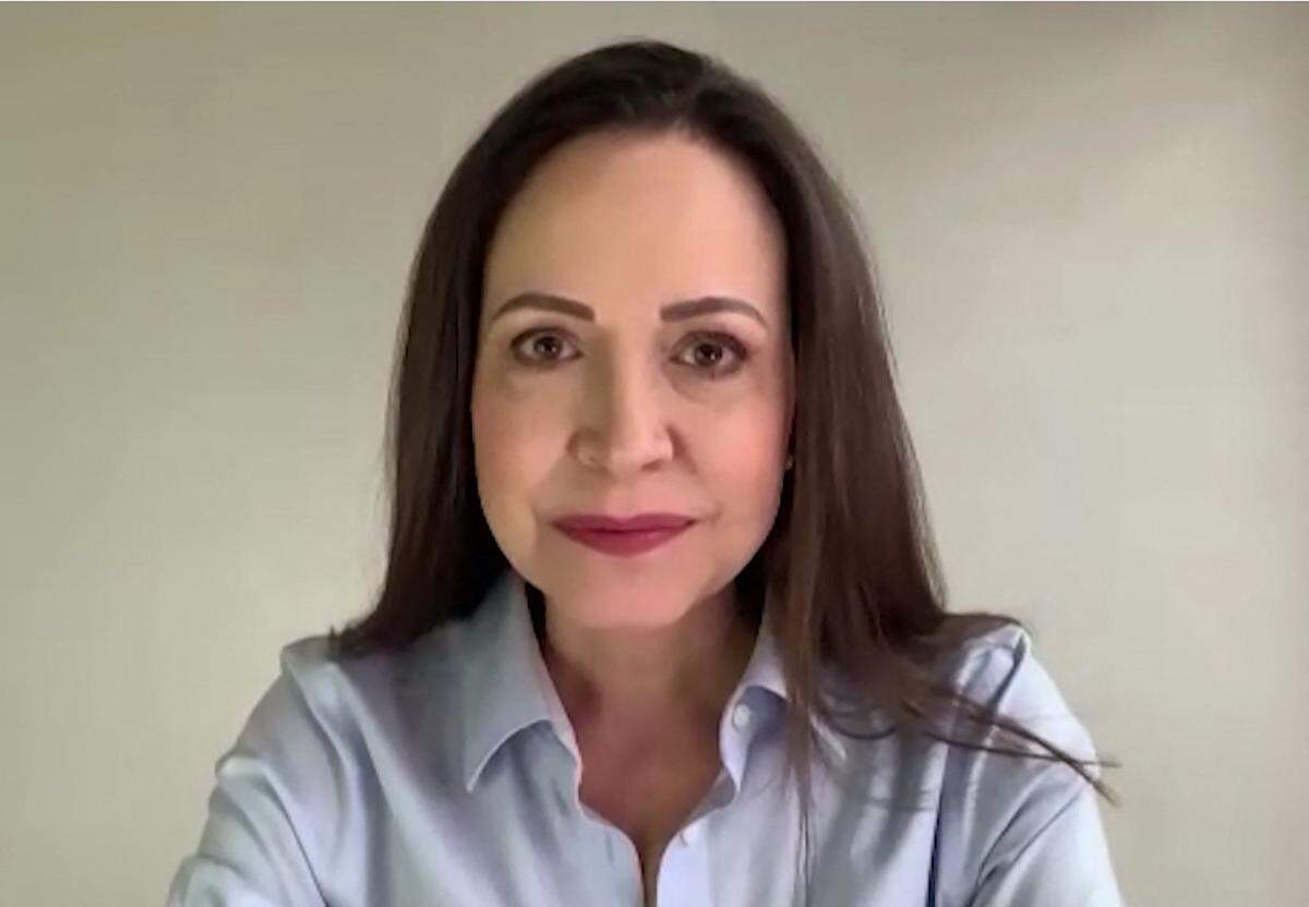 Screen grab shows Venezuela's opposition leader Maria Corina Machado gesturing during an AFP interview via Zoom in Caracas on May 15, 2025. Machado, who has called for a boycott of May 25 gubernatorial and legislative elections, on Thursday vowed polling stations would be "empty" 10 months after President Nicolas Maduro's disputed reelection. (Photo by AFP VIDEOGRAPHICS / AFP) (Photo by AFP VIDEOGRAPHICS/AFP via Getty Images)