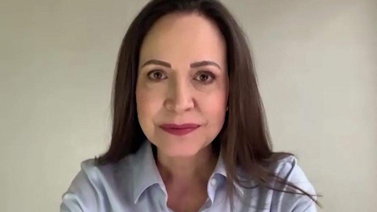 Screen grab shows Venezuela's opposition leader Maria Corina Machado gesturing during an AFP interview via Zoom in Caracas on May 15, 2025. Machado, who has called for a boycott of May 25 gubernatorial and legislative elections, on Thursday vowed polling stations would be "empty" 10 months after President Nicolas Maduro's disputed reelection. (Photo by AFP VIDEOGRAPHICS / AFP) (Photo by AFP VIDEOGRAPHICS/AFP via Getty Images)