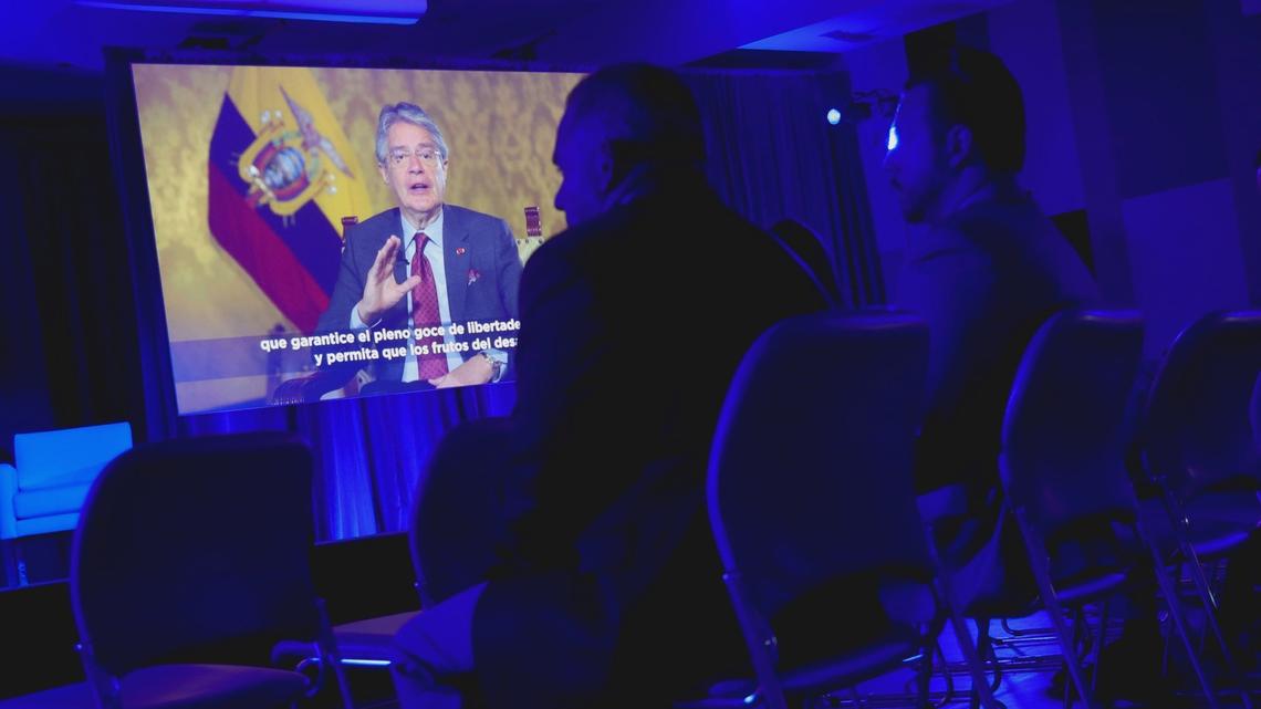 Speaking via video conferencing, Guillermo Lasso, president of Ecuador, delivers keynote remarks to attendees of the Concordia Americas Summit at the University of Miami in 2022.