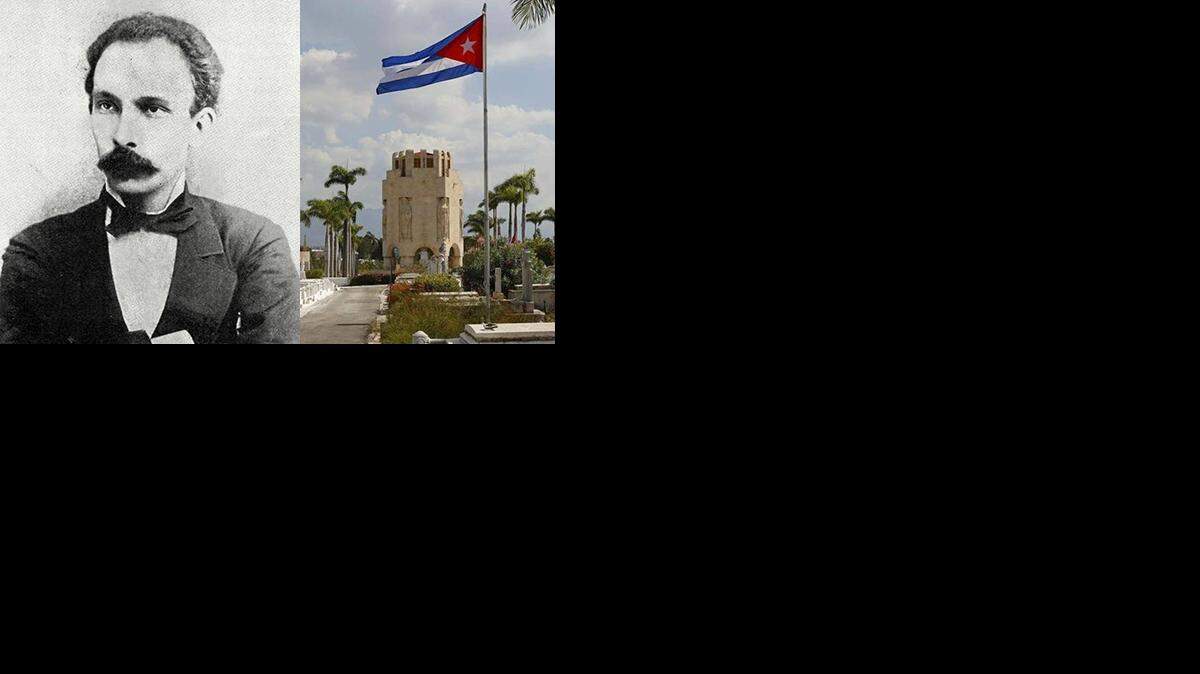 Retrato de José Martí hecho en Nueva York en 1885 (izq.), y el Mausoleo de  Martí en el Cementerio de Santa Efigenia, en Santiago de Cuba.