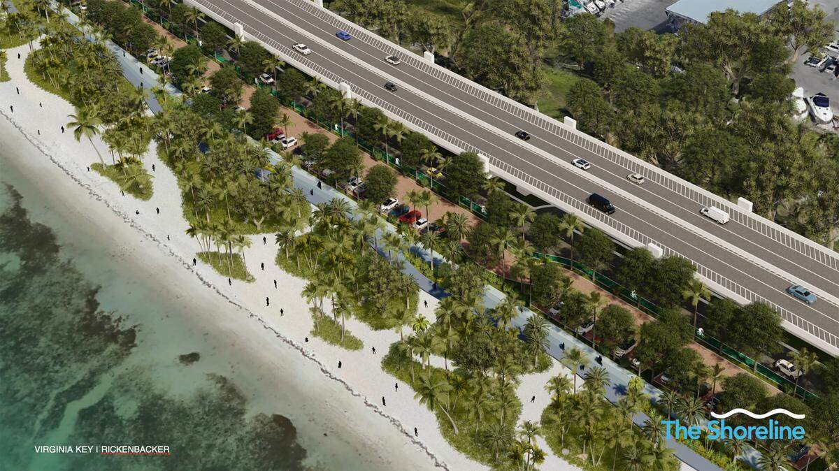 El plan Shoreline, impulsado por la comisionada de Miami-Dade, Raquel Regalado, rediseñaría la Calzada el Rickenbacker Causeway en Virginia Key creando carriles exprés para automóviles y camiones en un viaducto hacia Key Biscayne, a la vez que se elimina el asfalto superficial para crear hectáreas de playas, parques y senderos más amplios para ciclistas y peatones.