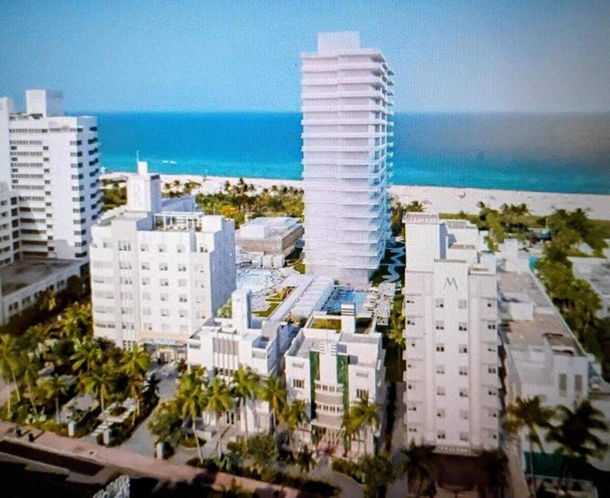 Representación arquitectónica de la renovación del Raleigh, que muestra la nueva torre de condominios de 200 pies propuesta.