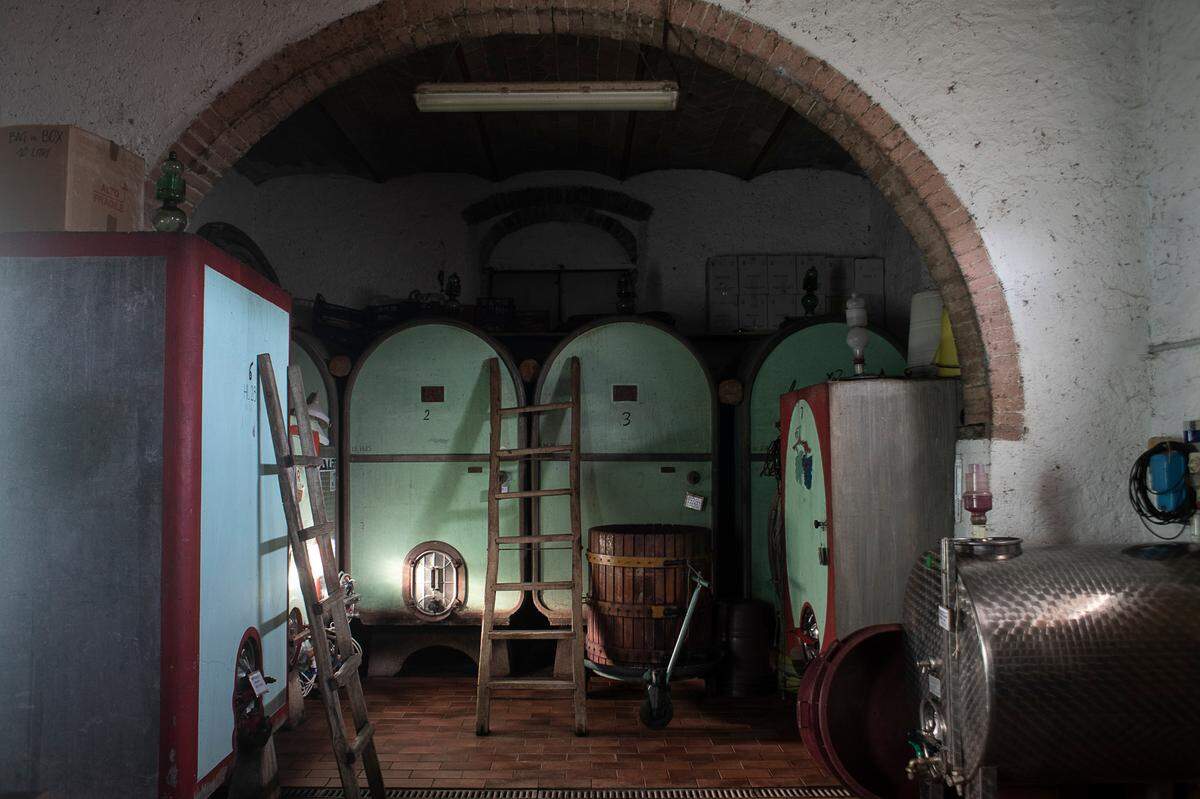 La bodega de vinos en Agriturismo Rocca en Castellina, Italy, se conoce por sus viñedos y sembradíos de olivos. Este año, como otros negocios del pueblo, ha sido desastroso.