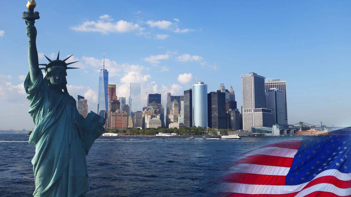 USA collage - Statue of Liberty, New York, United States Flag