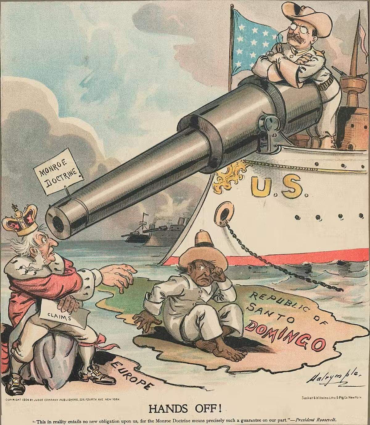 Caricatura de 1904 que muestra a Roosevelt amenazando con la doctrina Monroe a Europa para alejarla de Santo Domingo.