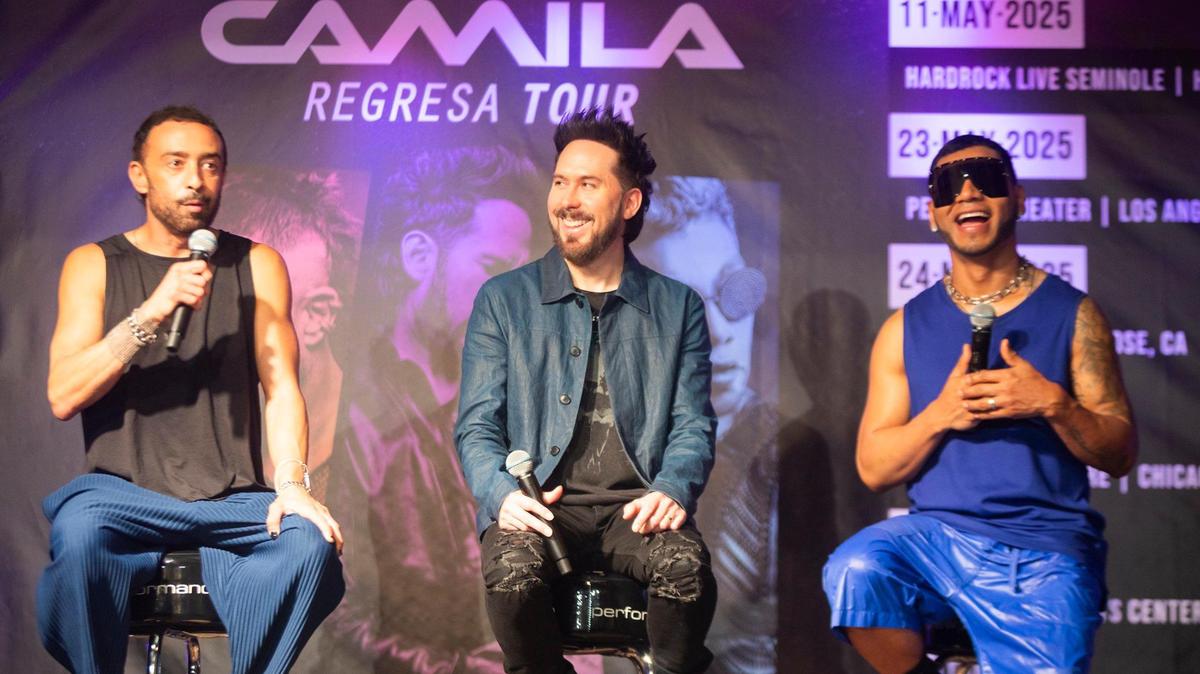 (L to R) Mario Domm, Pablo Hurtado and Samo members of Camila talks during the Press conference to announce the return of the popular band Camila to US tour at Gibson Miami Showroom on Tuesday March 11th., 2025.