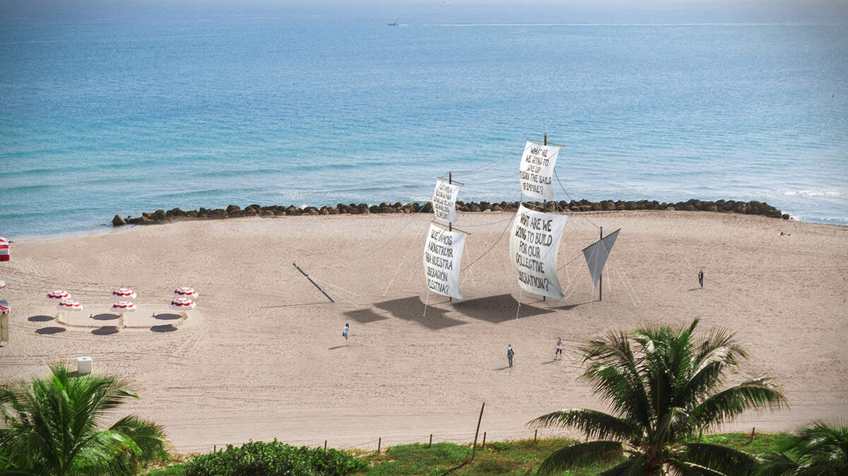 Representación de la instalación “Seletega (run, see if people are coming)” de Nicholas Galanin en la arena del Faena Hotel en Miami Beach.