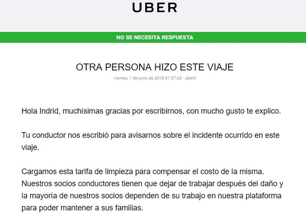 Uber asegura que el cargo de $150 por limpieza se hace para "compensar" el daño causado a sus conductores.