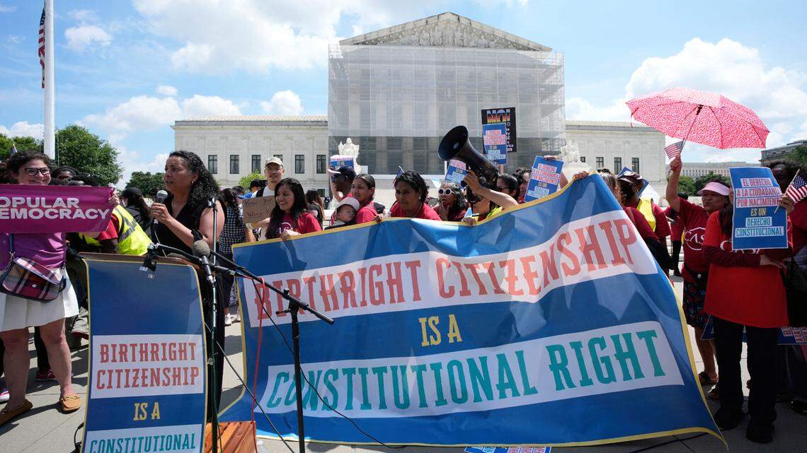 In this file photo, protesters gather outside the Supreme Court as nationwide orders in the birthright citizenship case are considered in Washington on May 15, 2025.