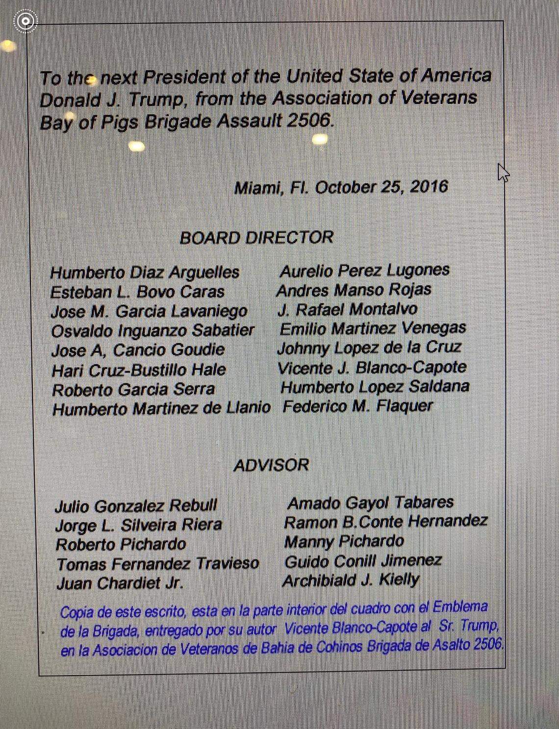 Attachment to back of painting given to Donald Trump by Brigade 2506 during a visit to Miami in 2016.