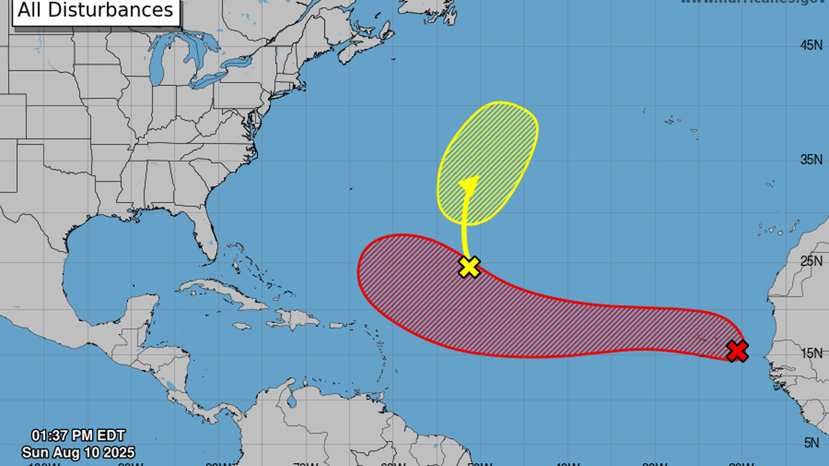 La probabilidad de desarrollo de una depresión tropical o tormenta aumentó el domingo 10 de agosto de 2025.