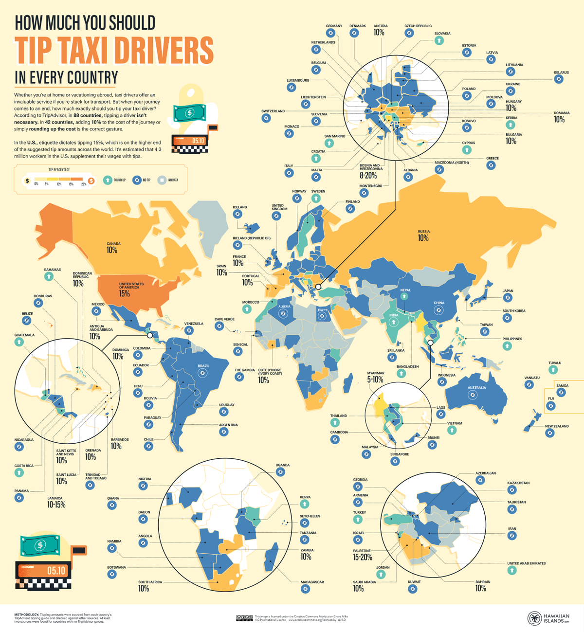 Mapa del mundo sobre cuánto dar de propinas a los taxistas.