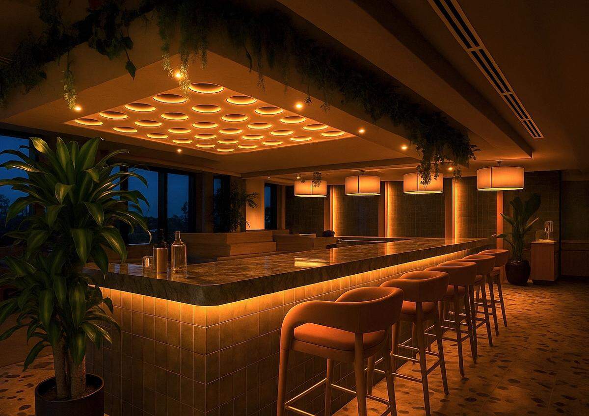 Hay un elegante bar interior que además de los cócteles cuenta con una terraza al aire libre, rodeada de vegetación, que ofrece vistas del barrio. 