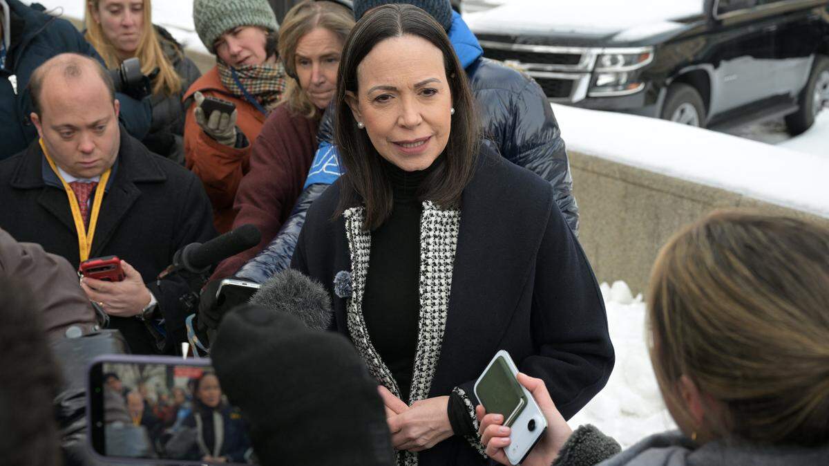 Venezuelan opposition leader Maria Corina Machado speaks to the press after meeting with US Secretary of State Marco Rubio at the US Department of State in Washington, DC, on January 28, 2026. (Photo by Oliver Contreras / AFP via Getty Images)