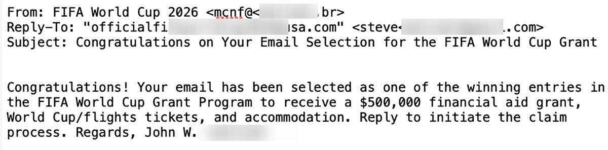 Ejemplo de un email fraudulento bloqueado en el que se solicita al usuario que contacte con el remitente para recibir un supuesto premio o ayuda económica, que en realidad es una estafa. 