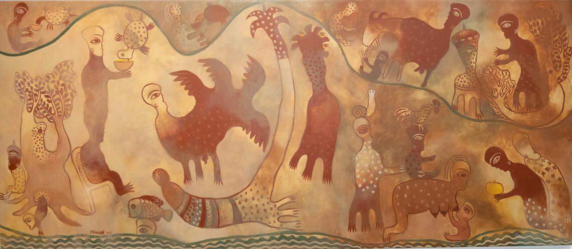 “Shangó y la vida” (Shangó and Life), 2001, de Manuel Mendive Hoyo. Acrílico sobre lienzo, 39.5 x 90.5 pulgadas. Cernuda Arte.