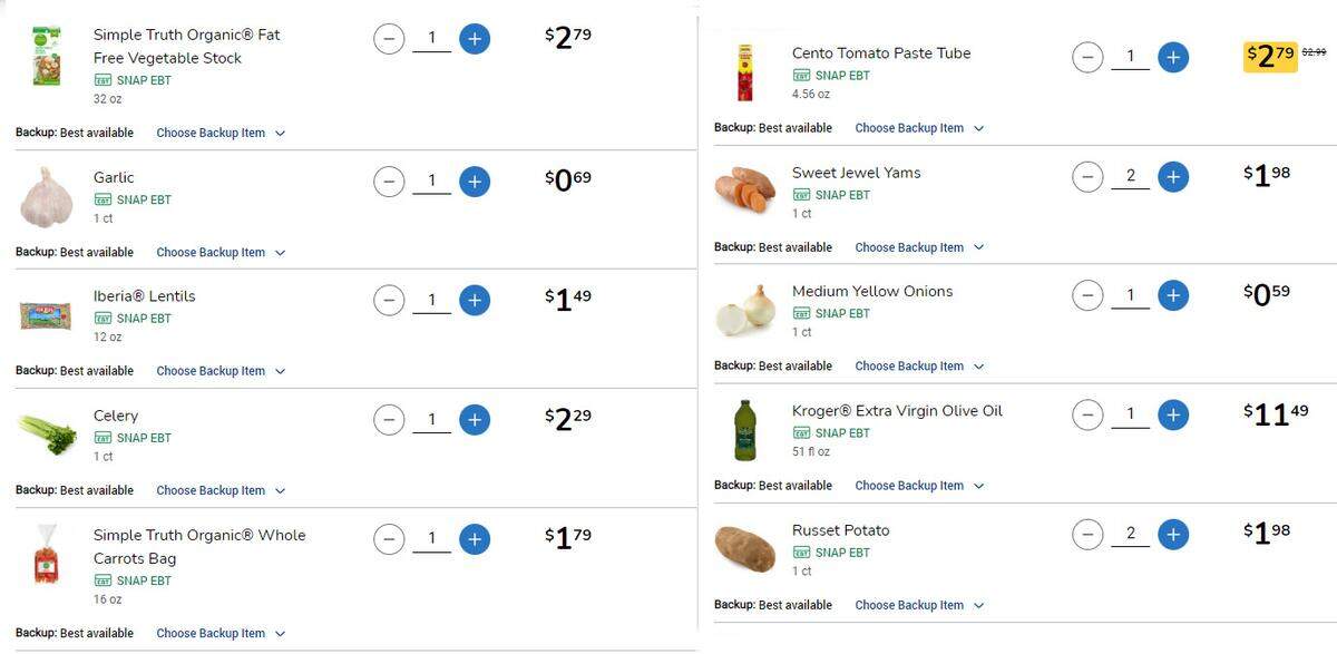 Lista de la compra basada en el supermercado Kroger. Precio aproximado: $27.88.