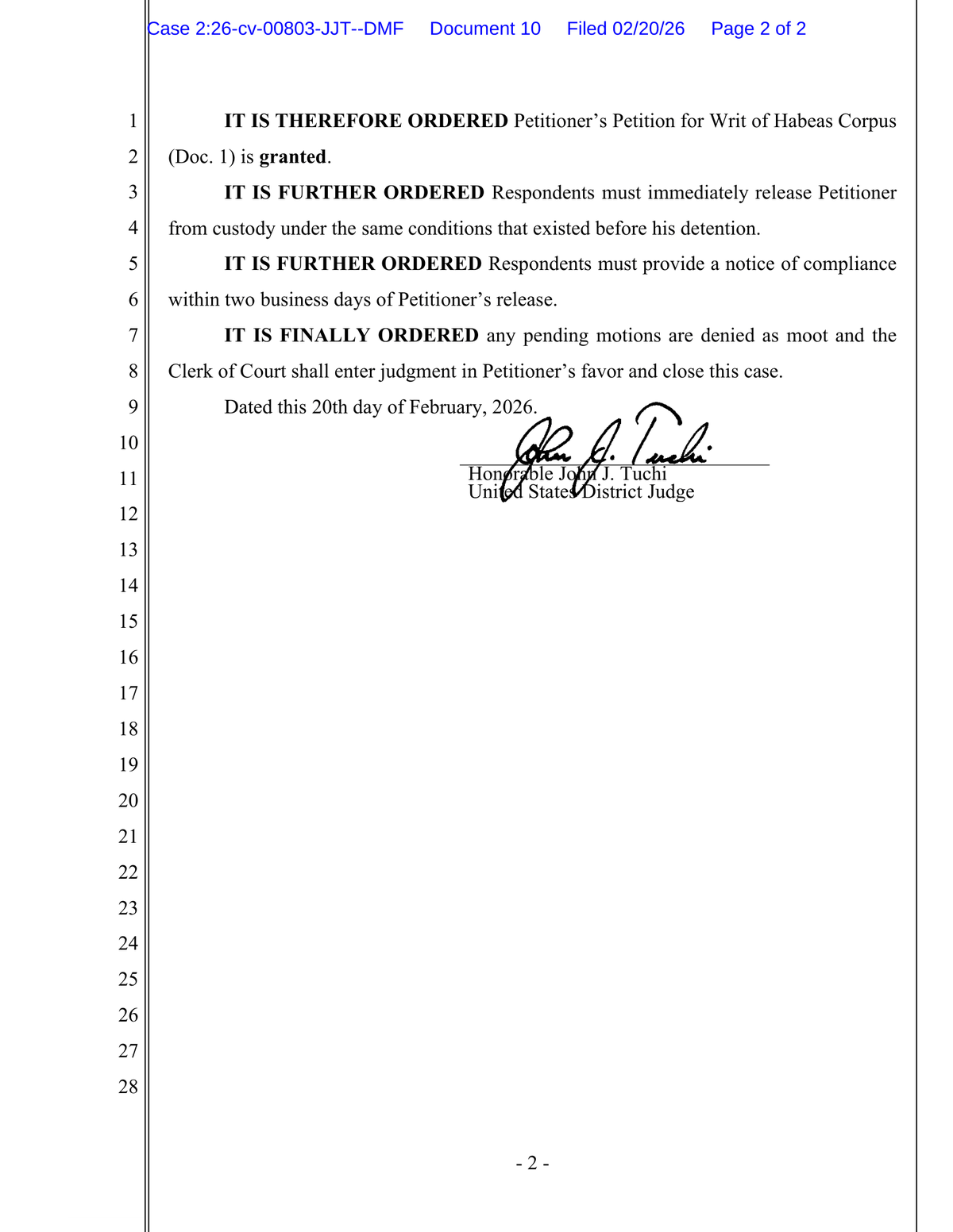 Otorgamiento del habeas corpus.