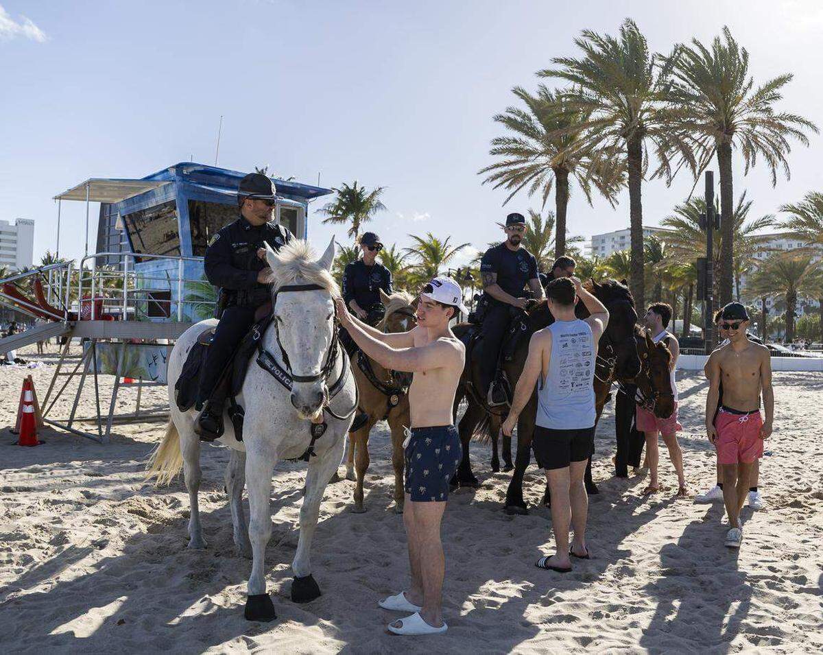 Brian Sherry, estudiante de la Universidad de Buffalo, acaricia a Titan, mientras unidades de policía montada de Fort Lauderdale y Davie patrullan en Las Olas Beach durante las vacaciones de primavera, el viernes 20 de marzo de 2026, en Fort Lauderdale, Florida.