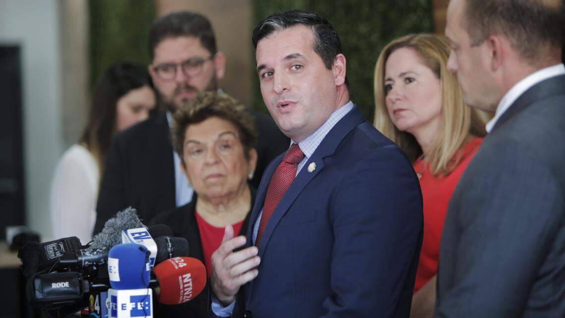 Miami, Fla., May 9, 2019 - State Rep. Javier Fernandez (center) makes briefs statement during a press conference held at aman Arepas 4709 NW 79th Ave Doral, FL 33166. Fernandez is running for Florida Senate.