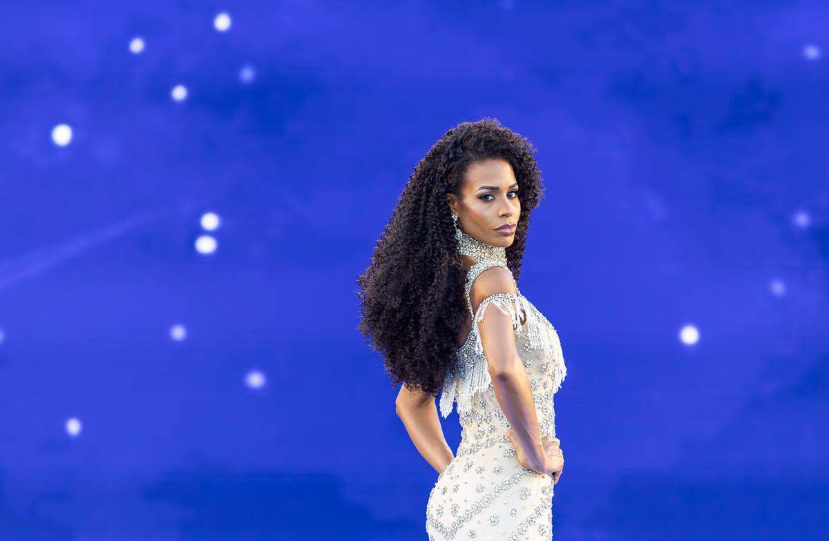 Indiana Williams, representing La Habana, walks the stage as she competes in the Miss Universe Cuba 2025 beauty pageant at Milander Park on Tuesday, July 8, 2025, in Hialeah, Fla.