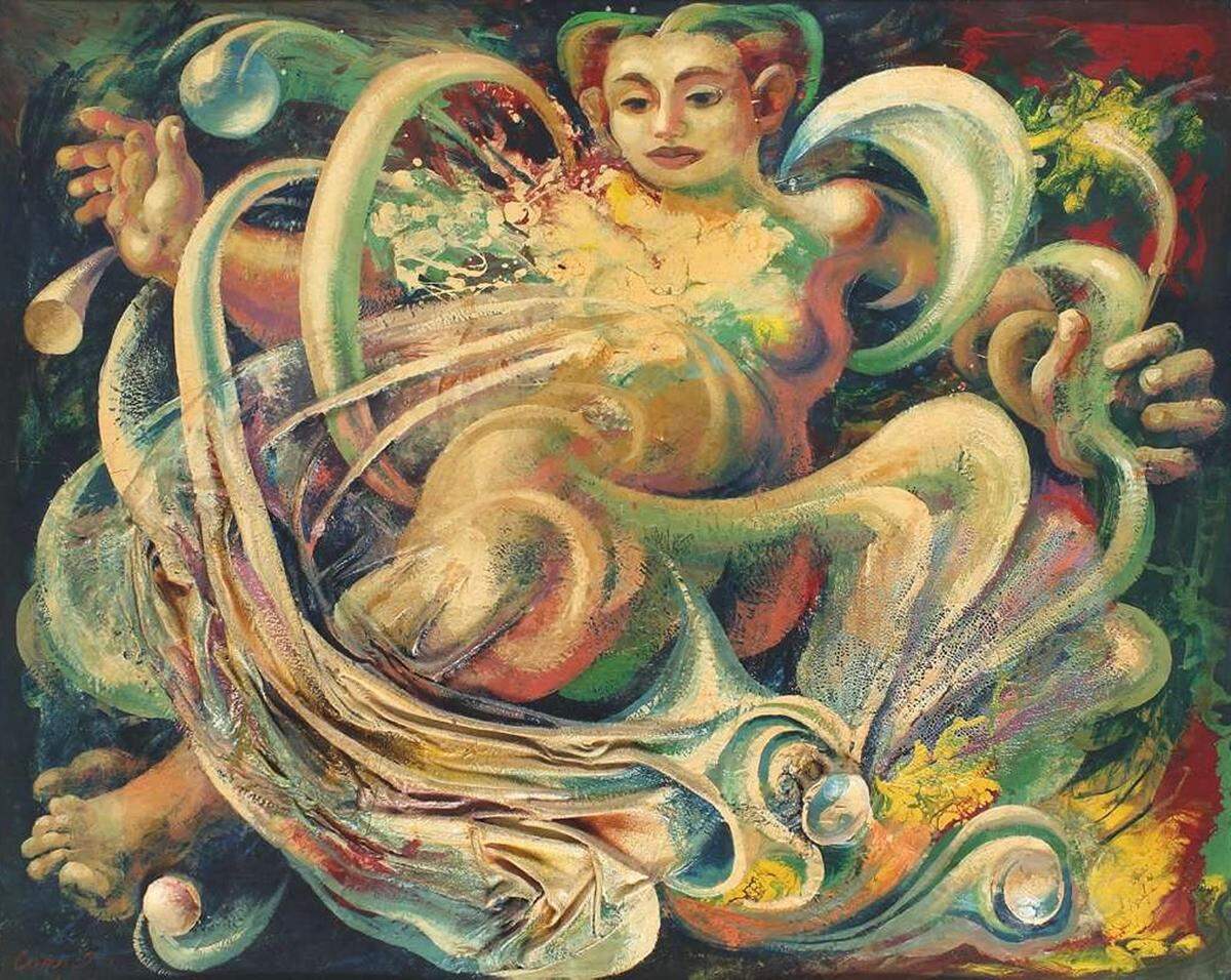 “La Diosa del mar” (Goddess of the Sea), 1943, de Mario Carreño. Duco, conchas marinas, abanico de mar y collage textil sobre panel, 37¼ x 46 ½ pulgadas.  