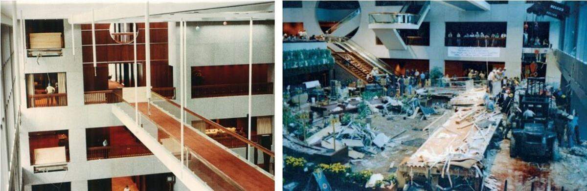 Al año de su inauguración, durante una fiesta en el hotel en la que se congregaron cerca de 1,500 personas, dos de estas estructuras se desplomaron sobre el baile, provocando más de 114 muertos, 216 heridos y un coste económico de millones de dólares. Foto de la pasarela antes y después.